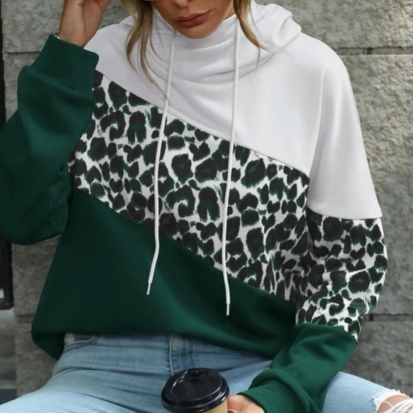 Striped Knit Leopard Contrast Drawstring Hoodie Top